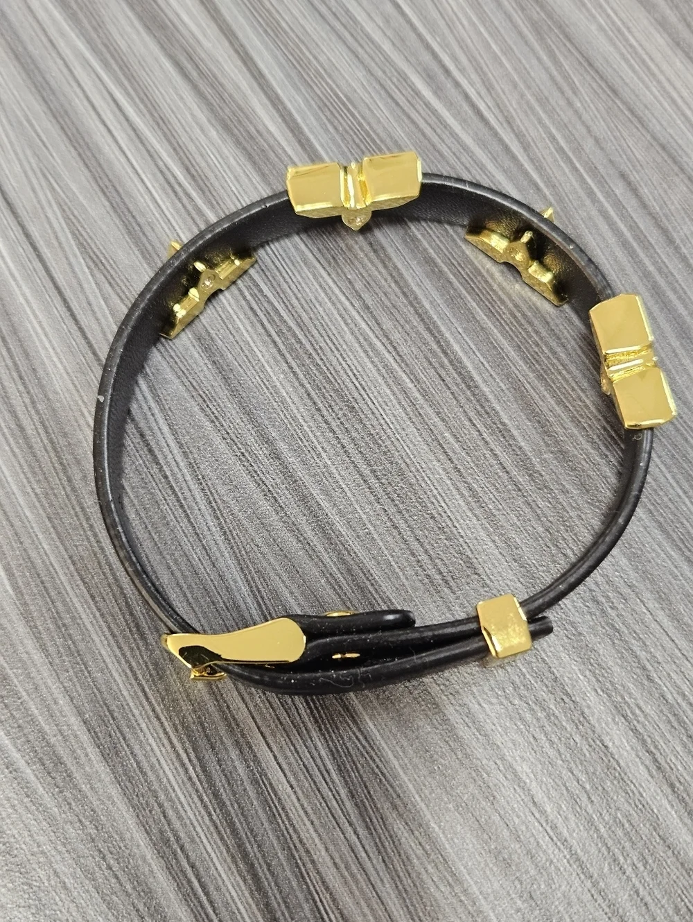NEW Black Vegan Leather Adjustable Buckle Bracelet with Gold Accents